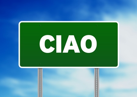 Green Ciao Highway sign on cloud background.の写真素材