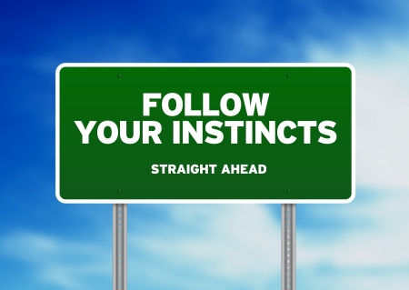 Green Follow your Instincts Road sign on Cloud Background. Green Follow your Instincts Road sign on Cloud Background.