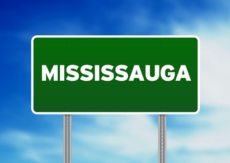 Green Mississauga raod sign on Cloud Background. の写真素材