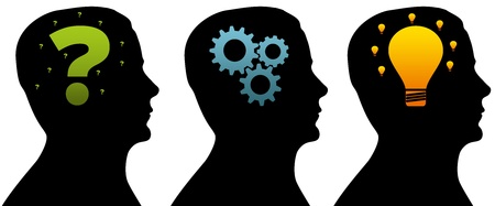 Silhouette heads of a thinking process on white background.の写真素材