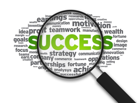 Magnified illustration with the word success on white background.の写真素材