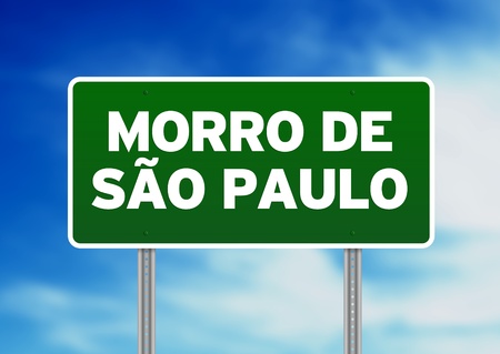 Green Morro de Sao Paulo, Brazil highway sign on Cloud Background. の写真素材