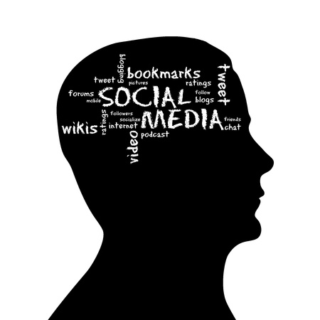 Silhouette head with social media cloud on white background.の写真素材