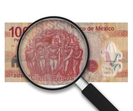 Magnifying Glass with 100 Pesos Note on white backgroundの写真素材