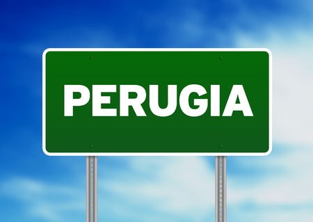Green Perugia, Italy road sign on Cloud Background. の写真素材