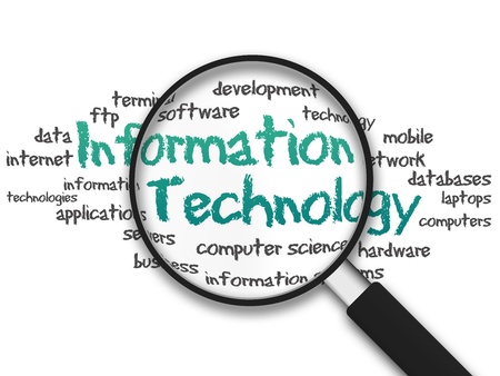Magnifying Glass with information technology illustration on white backgroundの写真素材