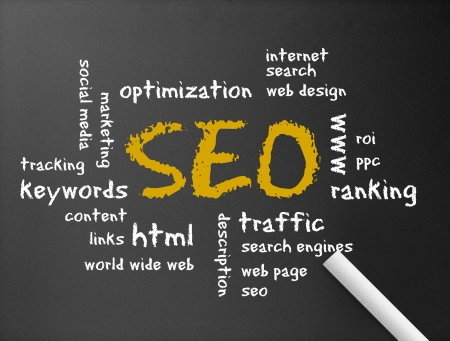 Dark chalkboard with the word Search Engine Optimization illustration. の写真素材