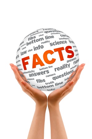 Hands holding a Facts Sphere sign on white background.の写真素材
