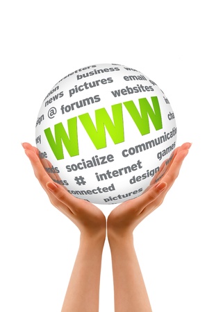 Hands holding a WWW Sphere sign on white background.の写真素材