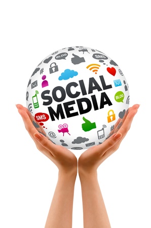 Hands holding a 3d Social Media Sphere sign on white background.の写真素材