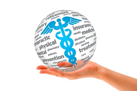 Hand holding a Caduceus 3D Sphere sign on cloud background の写真素材