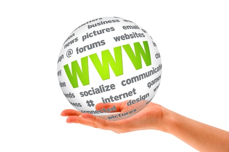 Hand holding a WWW 3D Sphere sign on white background.の写真素材