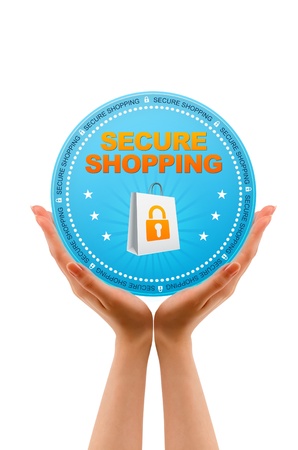 Hands holding a Secure Shopping Icon on white background の写真素材