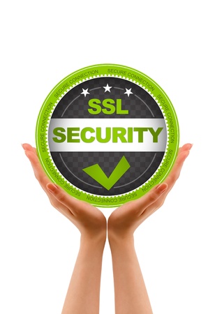 Hands holding a SSL Security Icon on white background の写真素材