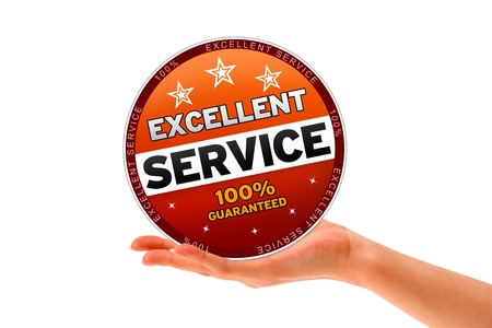 Hand holding a Excellent Service Icon on white background の写真素材