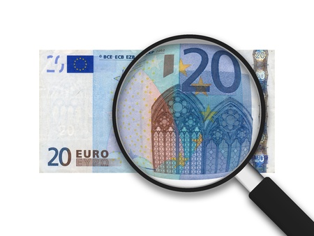 20 Euro Bill with magnifying glass on white background. の写真素材