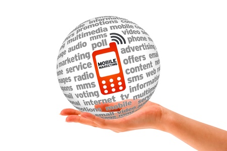 Hand holding a Mobile Marketing 3d Sphere. Hand holding a Mobile Marketing 3d Sphere.