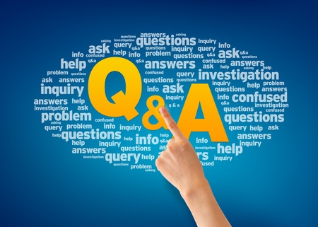Hand pointing at a Question and Answer word cloud. の写真素材