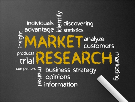 Dark chalkboard with the Market research Word illustration