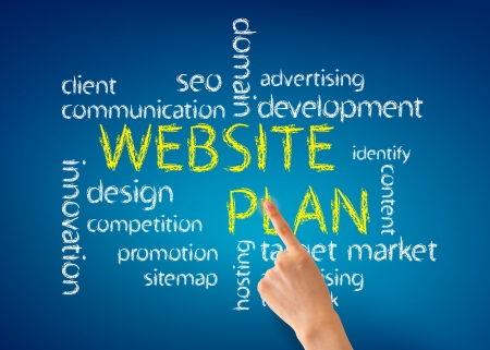 Hand pointing at a Website Plan word illustration on blue background.の写真素材