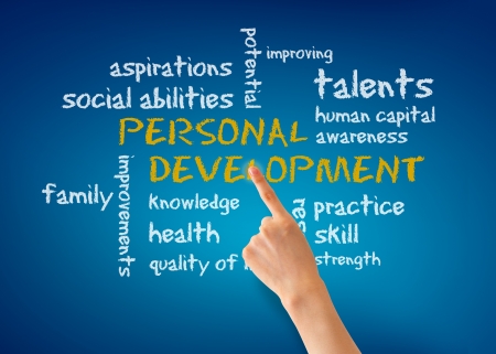 Hand pointing at a Personal Development word illustration on blue background.の写真素材