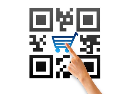 Hand pointing at an QR e-commerce icon. の写真素材