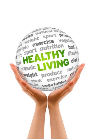 Hands holding a Healthy Living Word Sphere sign on white background.