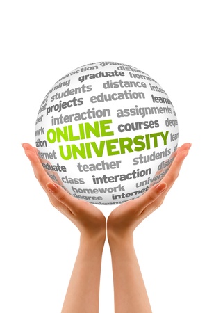Hands holding a Online University Word Sphere sign on white background.の写真素材