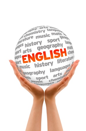 Hands holding a English word Sphere sign on white background.の写真素材