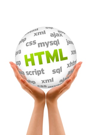 Hands holding a Hyper Text Markup Language word Sphere on white background.の写真素材