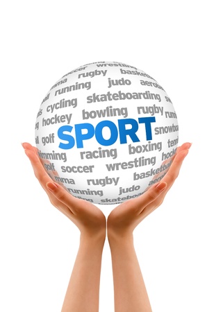 Hands holding a Sport Word Sphere on white background.の写真素材