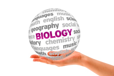 Hand holding a Biology Word Sphere on white background  の写真素材