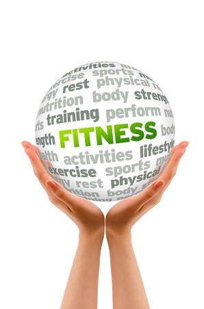 Hands holding a Fitness Word Sphere on white background の写真素材