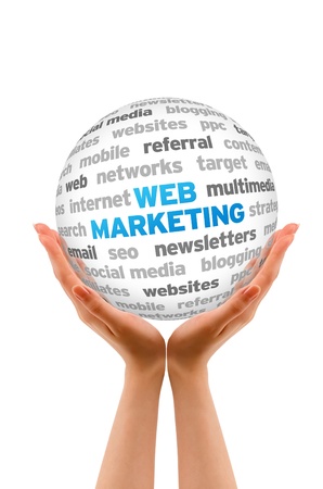 Hands holding a Web Marketing Word Sphere on white background.の写真素材