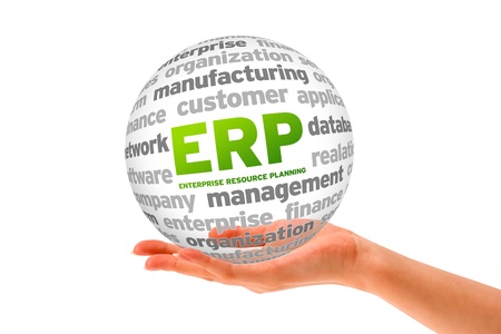 Hand holding a Enterprise Resource Planning Word Sphere on white background. の写真素材