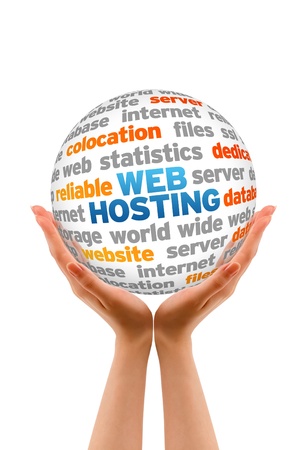 Hands holding a Web Hosting Sphere sign on white background.の写真素材