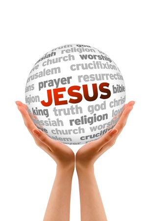 Hands holding a jesus Word Sphere on white background.の写真素材