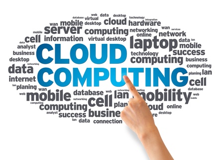 Hand pointing at a Cloud Computing Word Cloud on white background.の写真素材