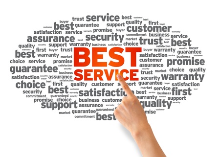 Hand pointing at a Best Service Word Cloud on white background.の写真素材