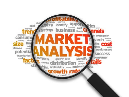 Magnified illustration with the word Market Analysis on white background.