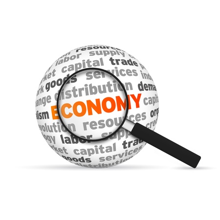 Economy 3d Word Sphere with magnifying glass on white background.の写真素材