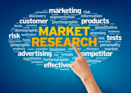 Hand pointing at a Market Research Word Cloud on blue background.の写真素材