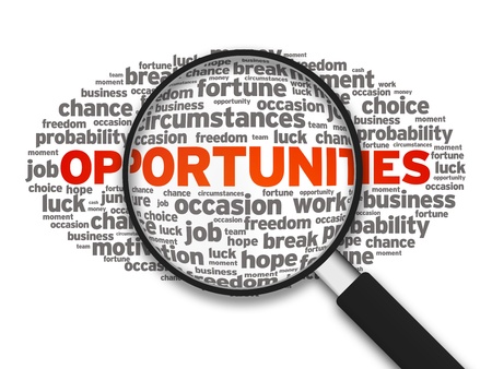 Magnified illustration with the word Opportunities on white background.の写真素材