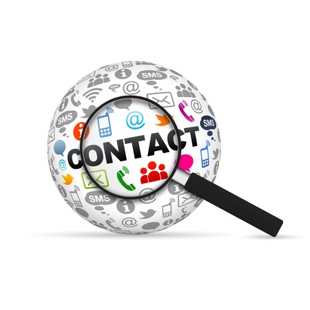 Contact 3d Word Sphere with magnifying glass on white background.の写真素材