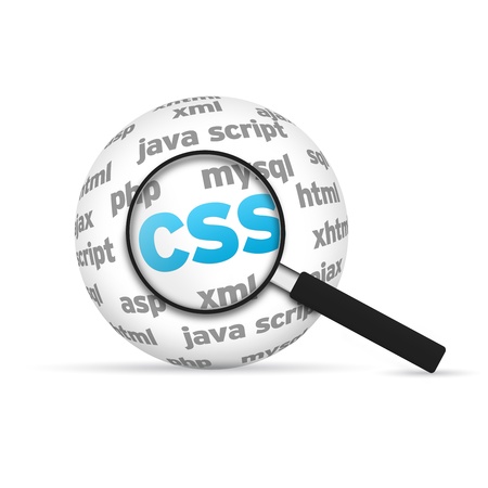 Cascade Style Sheets 3d Word Sphere with magnifying glass on white background.の写真素材