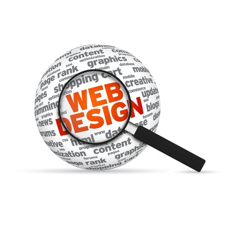 Web Design 3d Word Sphere with magnifying glass on white background.の写真素材