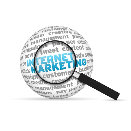 Internet Marketing 3d Word Sphere with magnifying glass on white background.の写真素材
