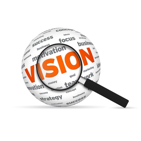 Vision 3d Word Sphere with magnifying glass on white background.の写真素材