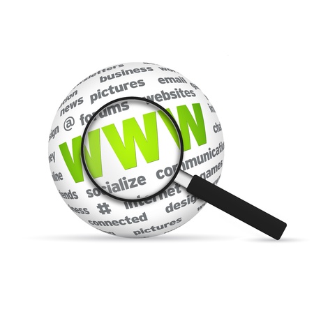 World Wide Web 3d Word Sphere with magnifying glass on white background.の写真素材
