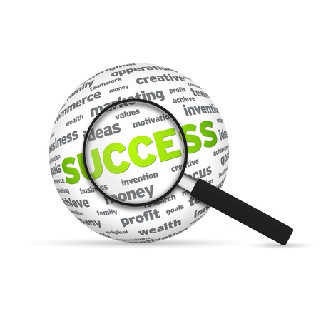 Success 3d Word Sphere with magnifying glass on white background.の写真素材